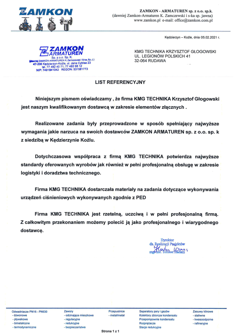 List referencyjny - KMG Technika