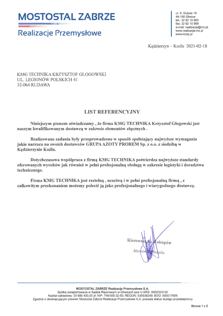 List referencyjny - KMG Technika
