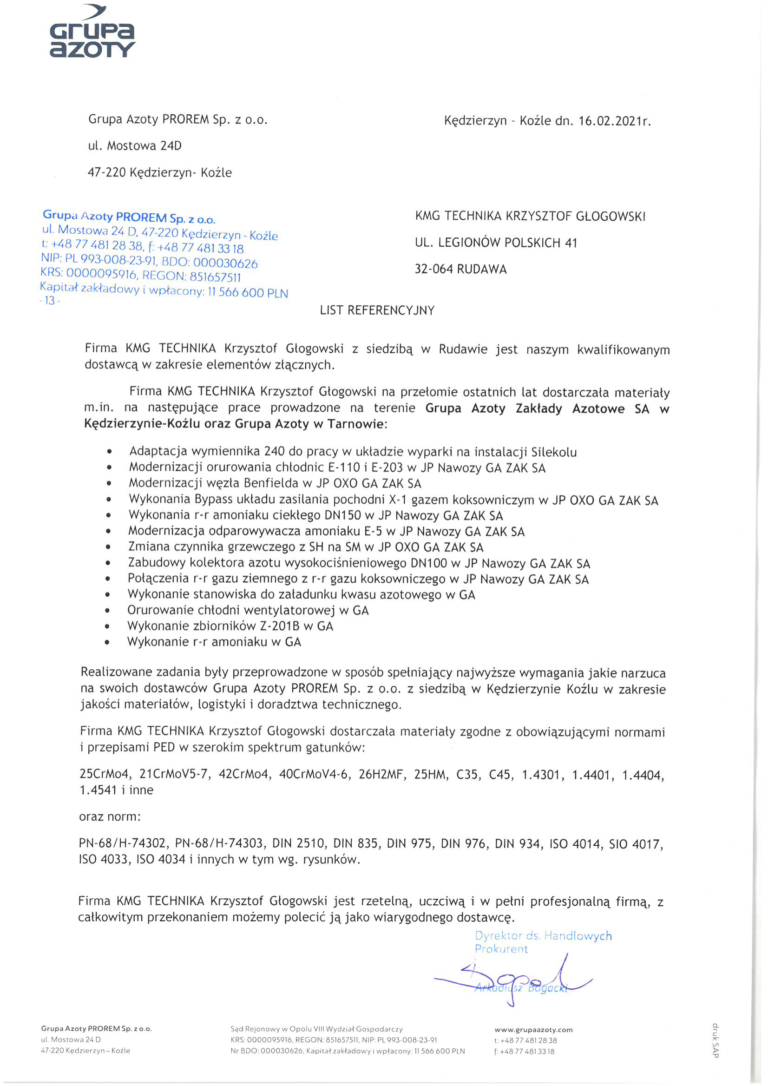 List referencyjny - KMG Technika