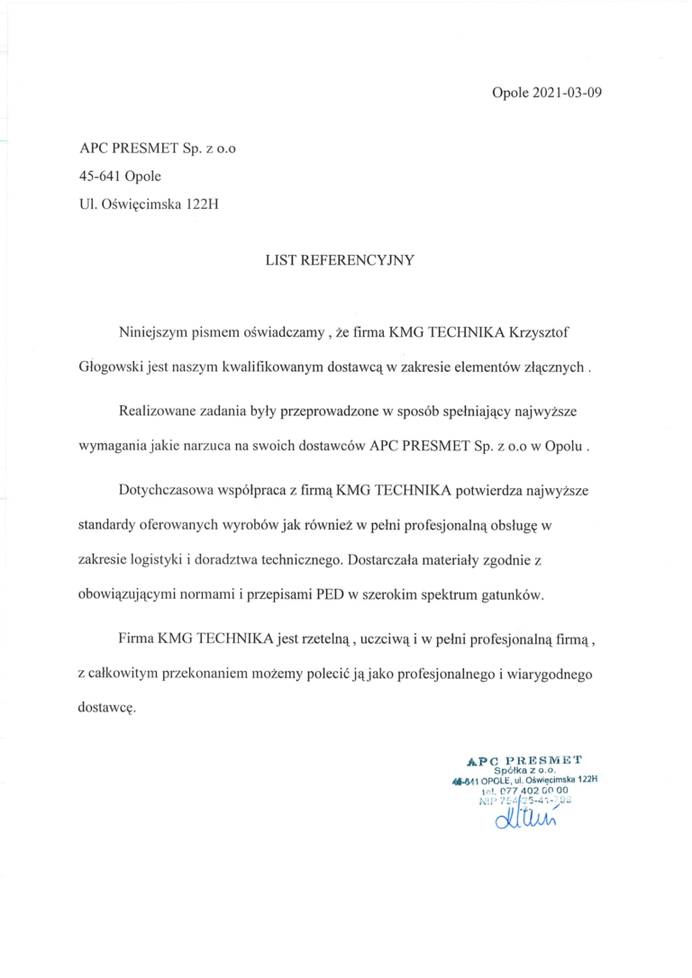 List referencyjny - KMG Technika